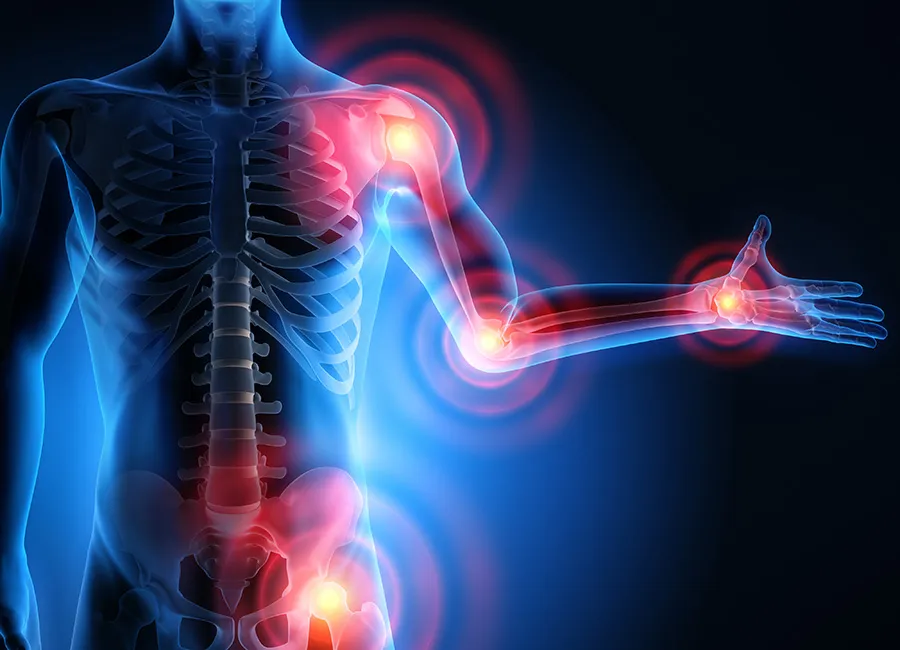 An illustration of a transparent on a black and blue background with red, glowing highlights on painful joints.