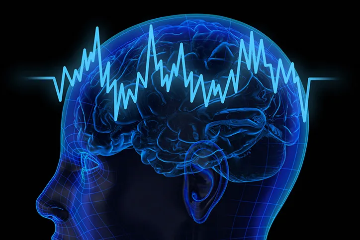 A graphic shows a neon blue contoured outline of a human head in profile with lighter blue zigzag line across the width