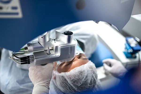 An ophthalmologist performs laser eye surgery using a machine