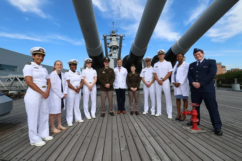 military students on USS Wisconsin for photo