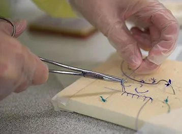 A close-up of a student's hands while practicing suture techniques at Suture Fest 2016