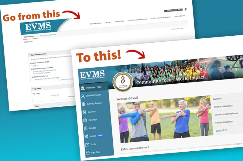 Two computer screens showing before and after view of Blackboard update