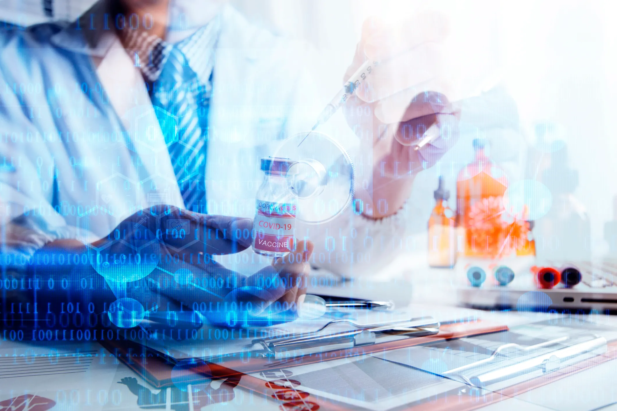 Scientist with artsy images of molecules superimposed