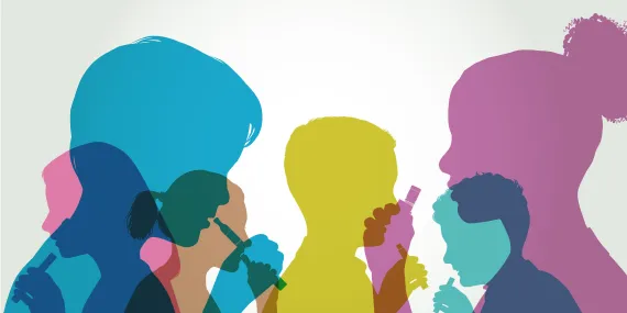 Colourful overlapping silhouettes of Children using e-cigarettes or vapes.