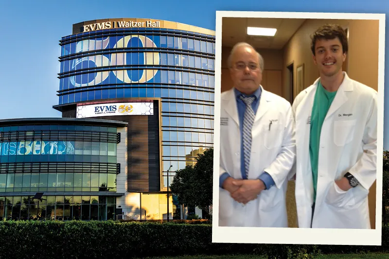 A photo of two doctors, father and son, both wear white coats and are smiling at the camera. The background is another photo of EVMS Waitzer Hall.