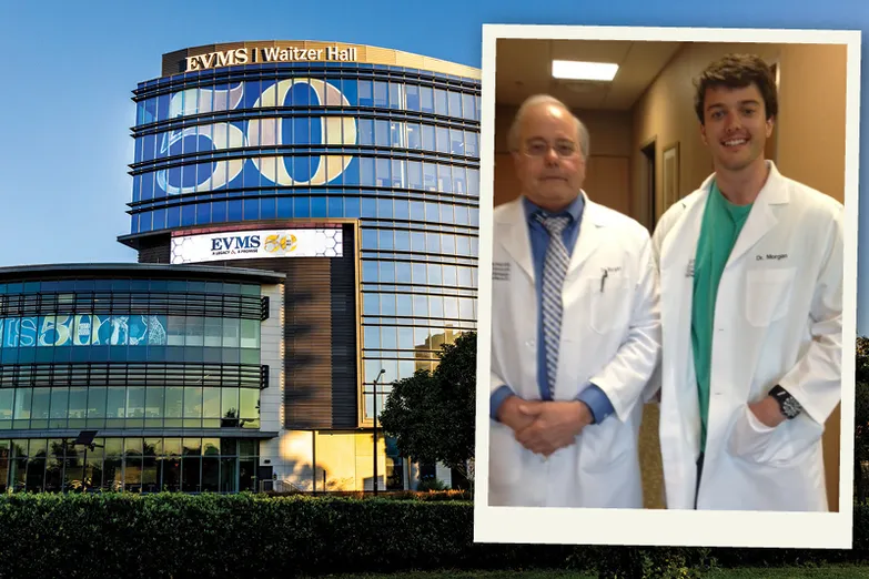 A photo of two doctors, father and son, both wear white coats and are smiling at the camera. The background is another photo of EVMS Waitzer Hall.
